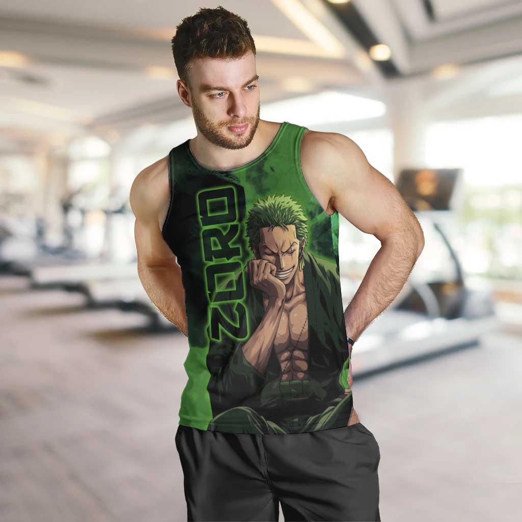 Zoro One Piece Green Theme Men Tank Top with Swordsman Pose and Three Sword Style Design - The Mazicc