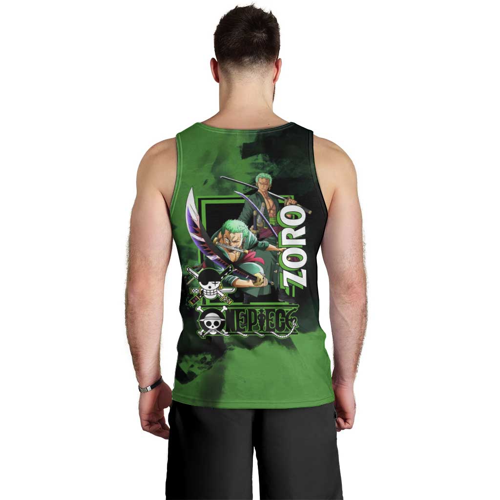 Zoro One Piece Green Theme Men Tank Top with Swordsman Pose and Three Sword Style Design - The Mazicc