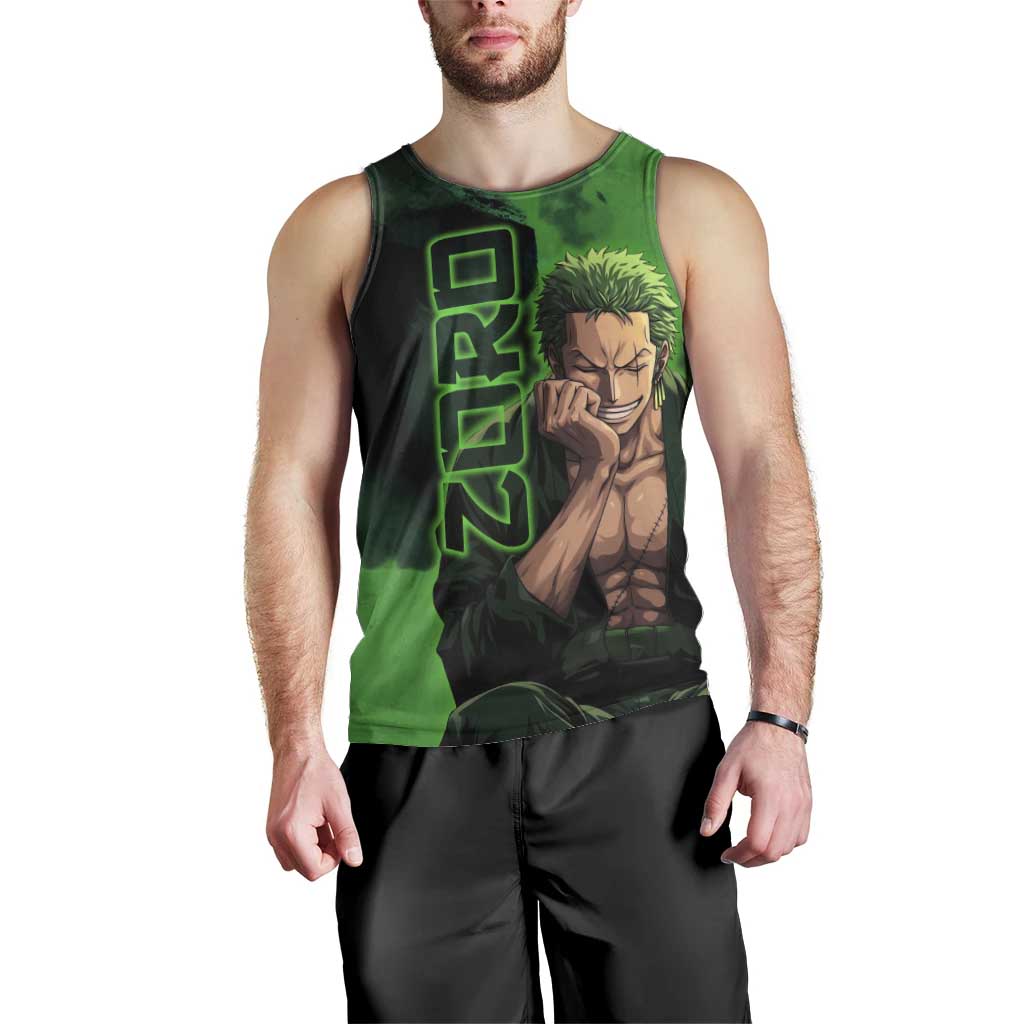 Zoro One Piece Green Theme Men Tank Top with Swordsman Pose and Three Sword Style Design - The Mazicc