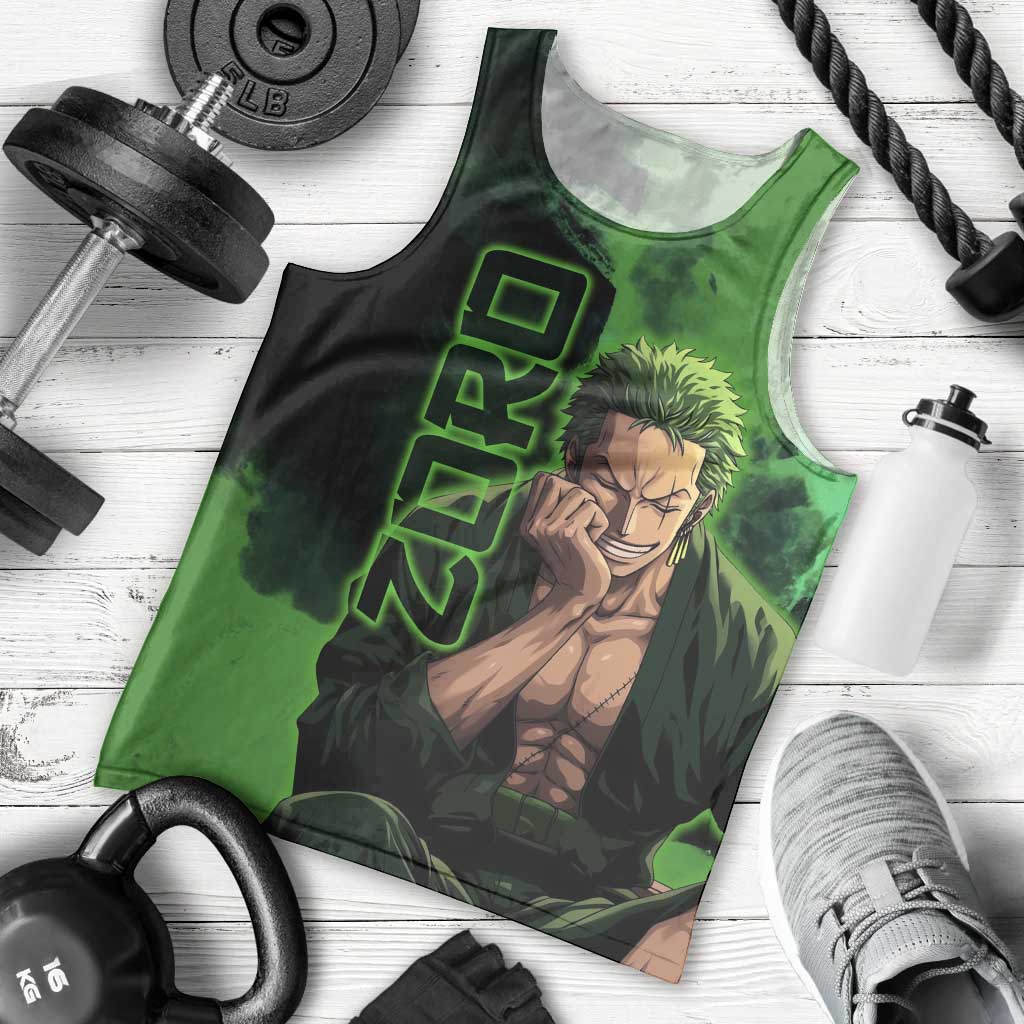 Zoro One Piece Green Theme Men Tank Top with Swordsman Pose and Three Sword Style Design - The Mazicc