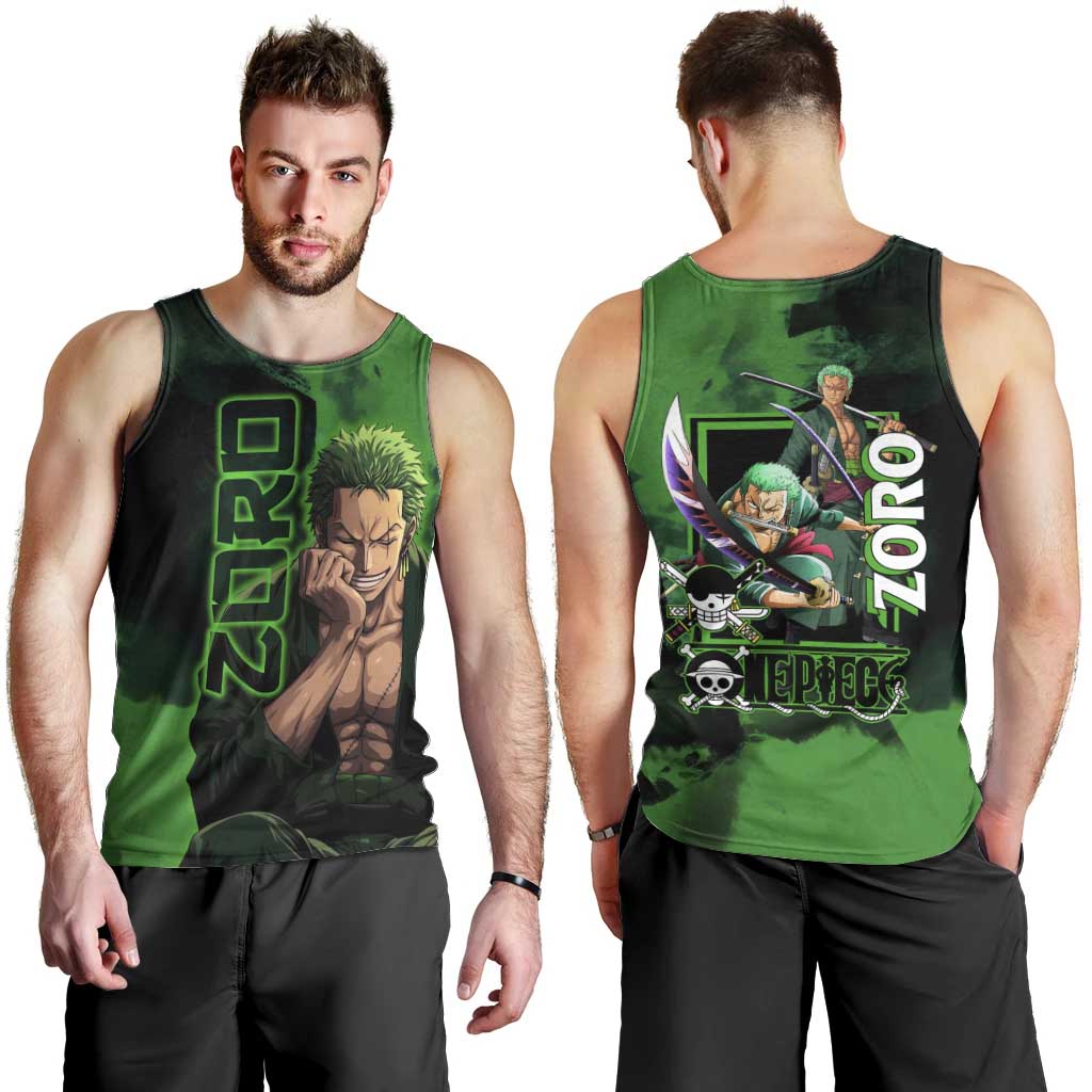 Zoro One Piece Green Theme Men Tank Top with Swordsman Pose and Three Sword Style Design - The Mazicc