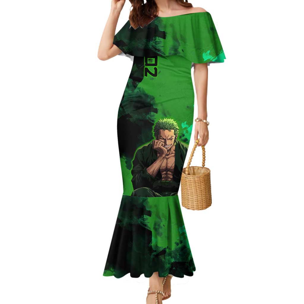 Zoro One Piece Green Theme Mermaid Dress with Swordsman Pose and Three Sword Style Design - The Mazicc