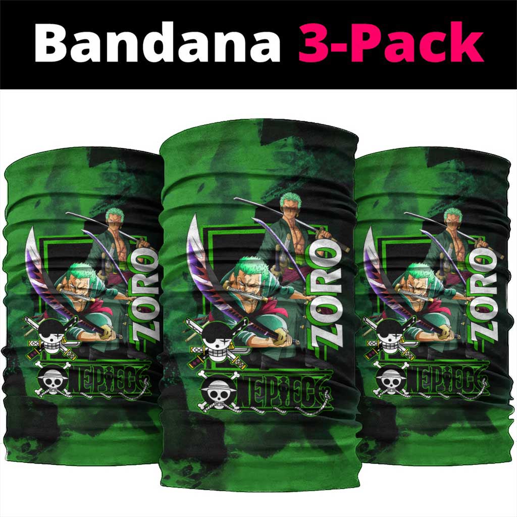 Zoro One Piece Green Theme Neck Gaiter with Swordsman Pose and Three Sword Style Design - The Mazicc