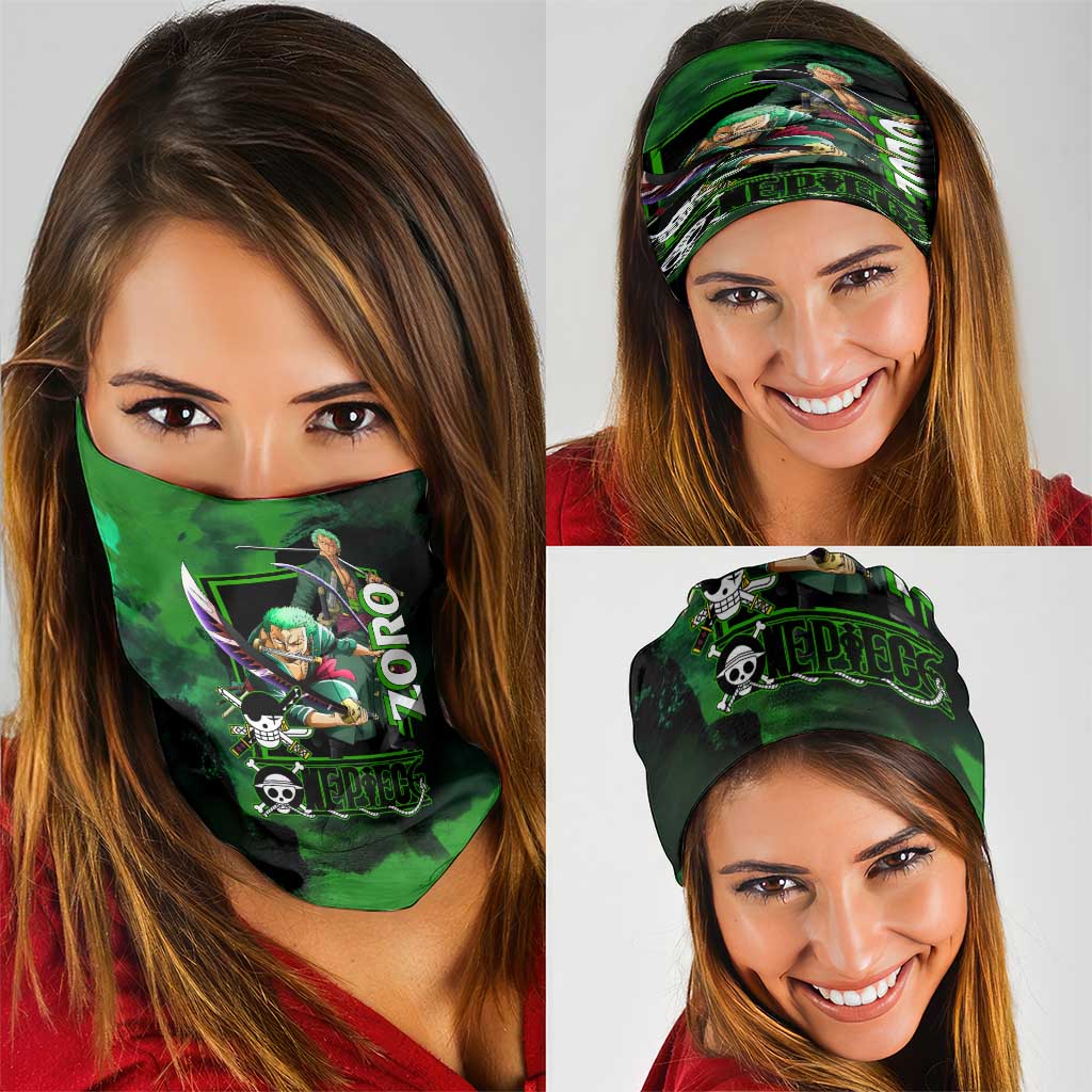 Zoro One Piece Green Theme Neck Gaiter with Swordsman Pose and Three Sword Style Design - The Mazicc