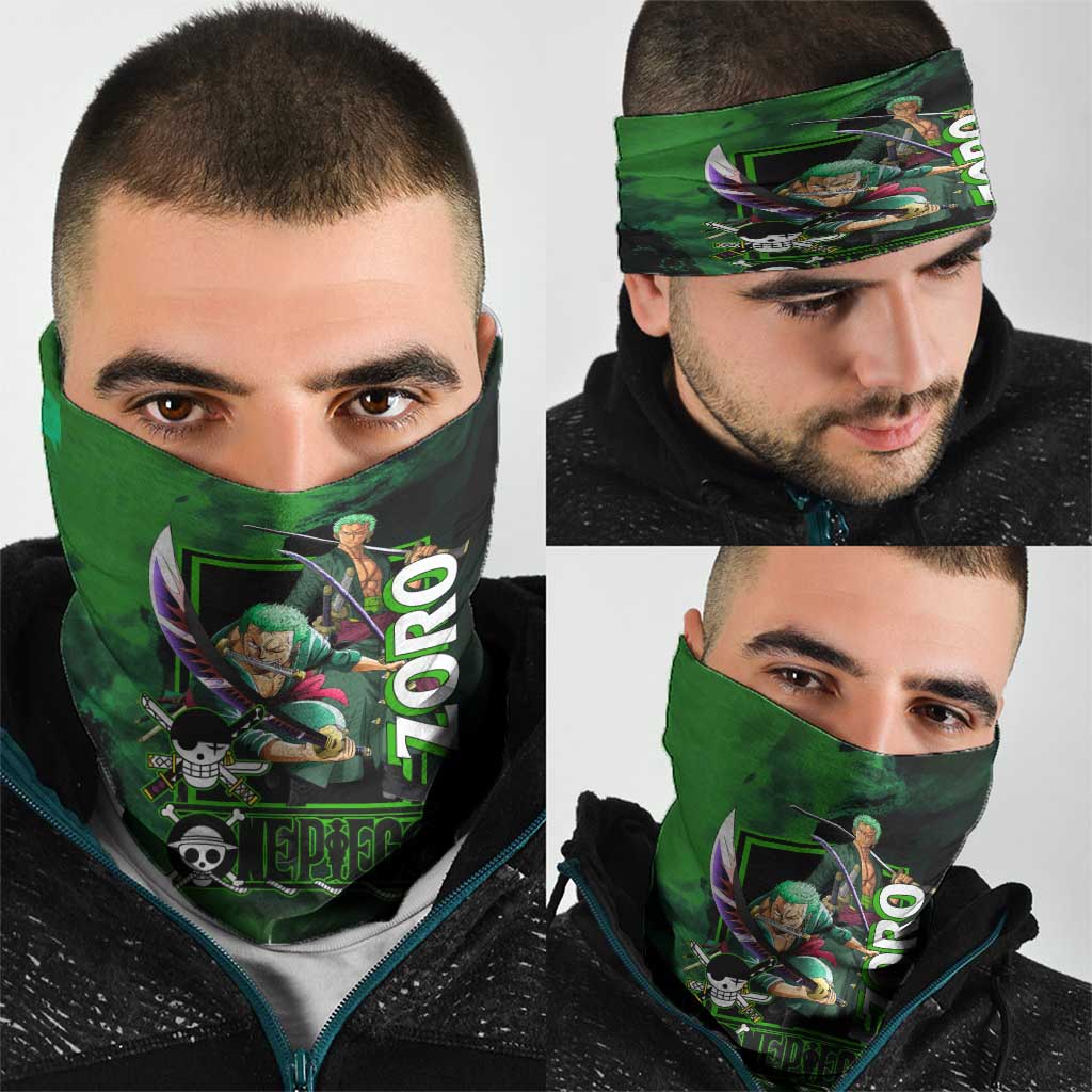 Zoro One Piece Green Theme Neck Gaiter with Swordsman Pose and Three Sword Style Design - The Mazicc