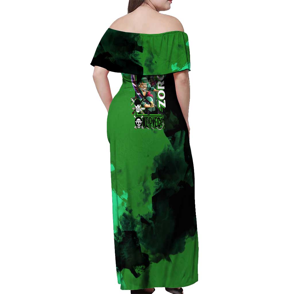 Zoro One Piece Green Theme Off Shoulder Maxi Dress with Swordsman Pose and Three Sword Style Design - The Mazicc