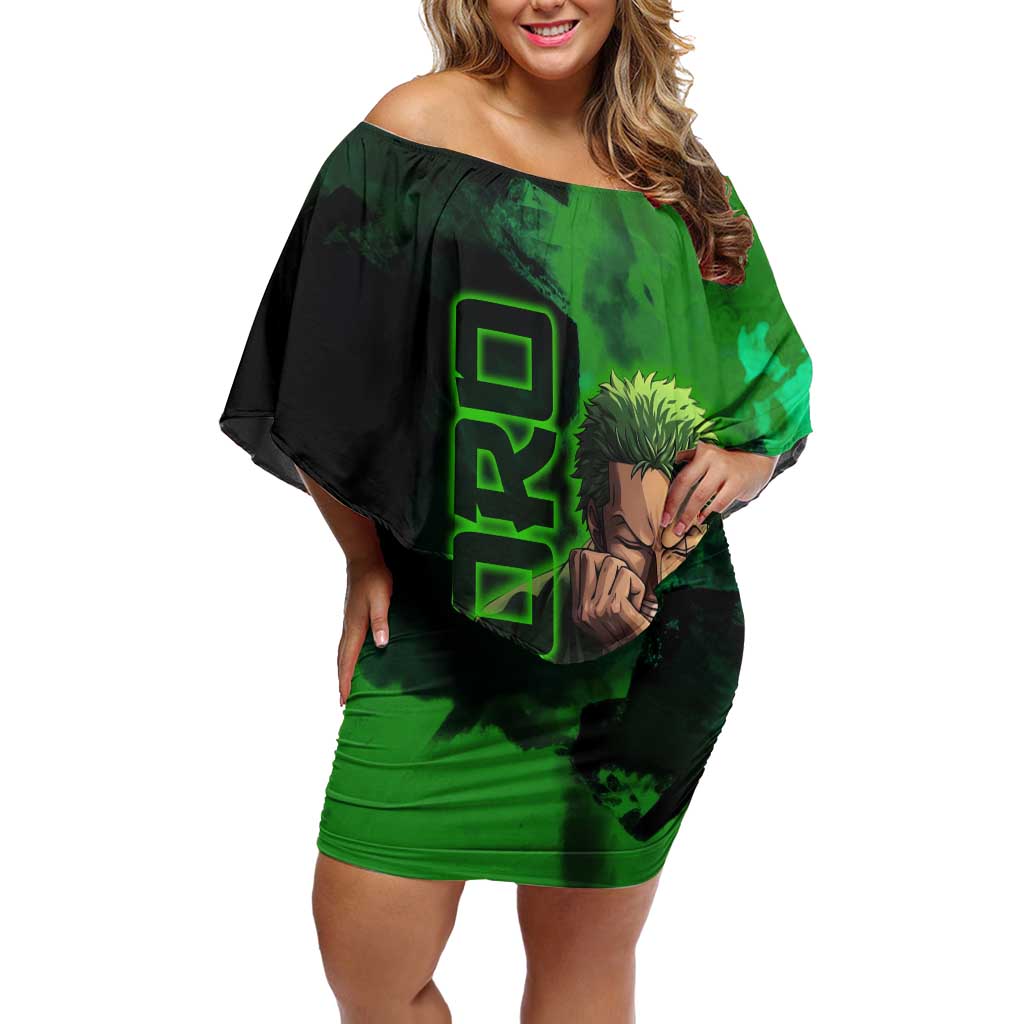 Zoro One Piece Green Theme Off Shoulder Short Dress with Swordsman Pose and Three Sword Style Design - The Mazicc