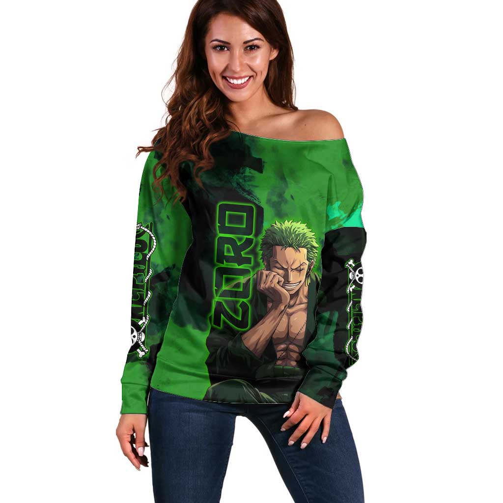 Zoro One Piece Green Theme Off Shoulder Sweater with Swordsman Pose and Three Sword Style Design - The Mazicc