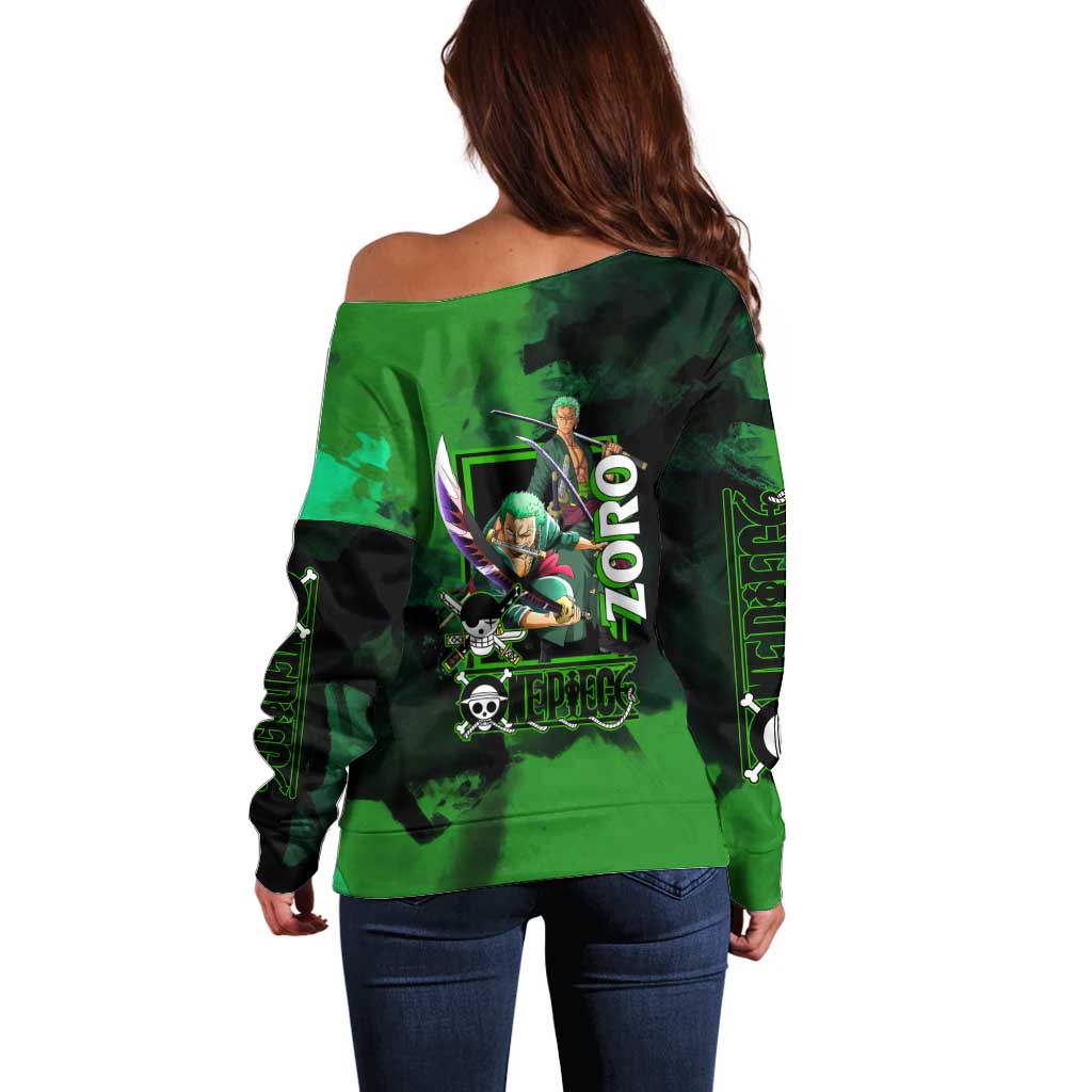 Zoro One Piece Green Theme Off Shoulder Sweater with Swordsman Pose and Three Sword Style Design - The Mazicc