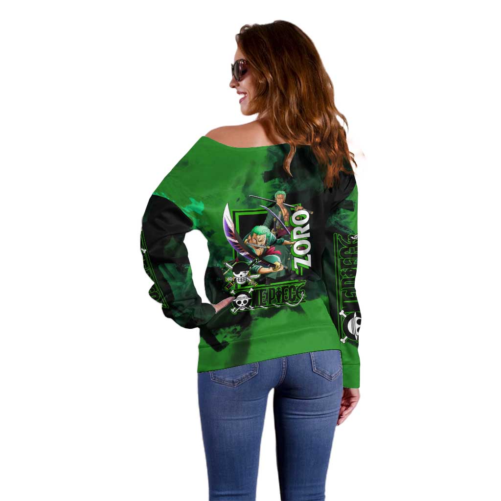 Zoro One Piece Green Theme Off Shoulder Sweater with Swordsman Pose and Three Sword Style Design - The Mazicc