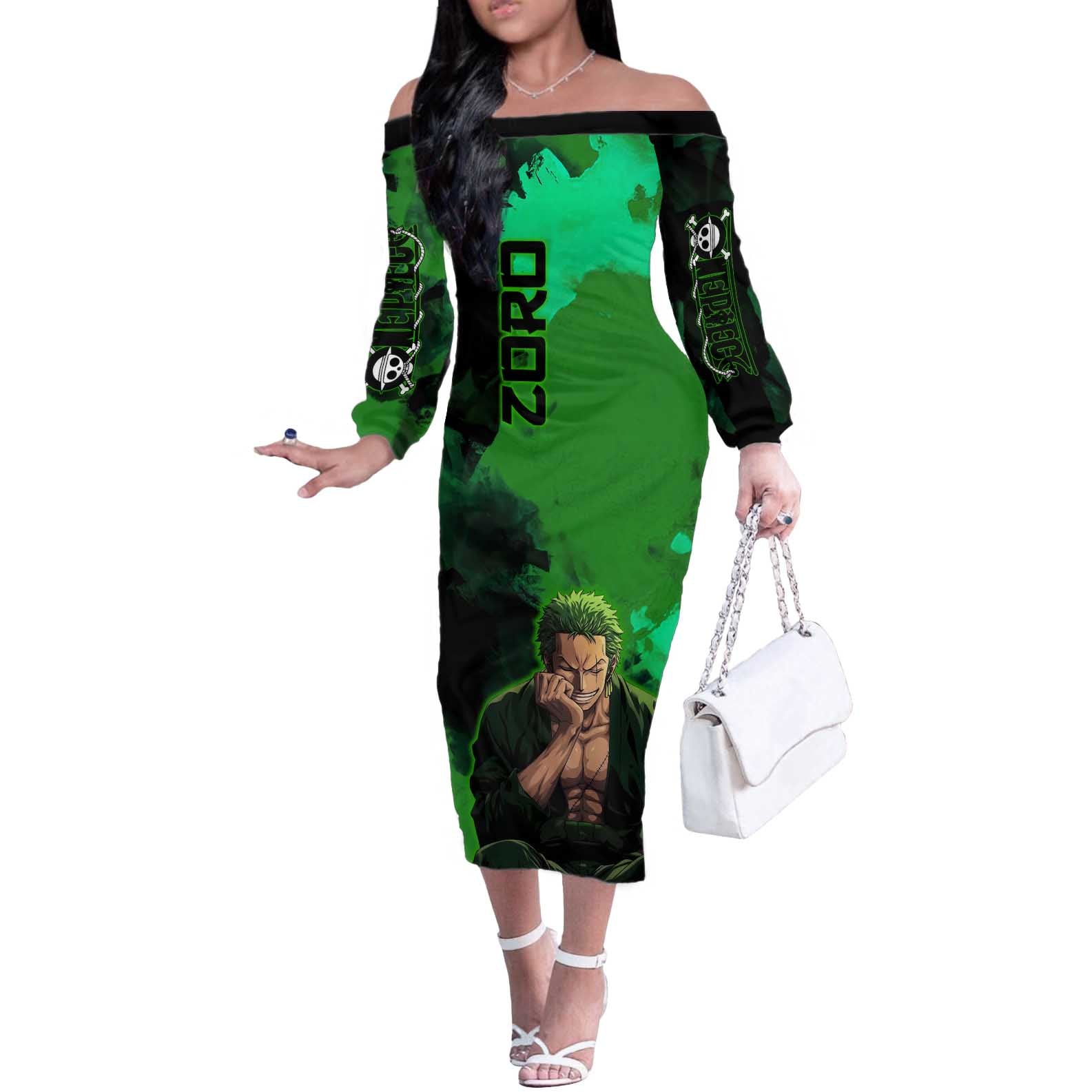 Zoro One Piece Green Theme Off The Shoulder Long Sleeve Dress with Swordsman Pose and Three Sword Style Design - The Mazicc