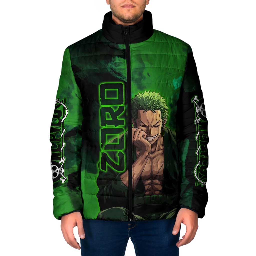 Zoro One Piece Green Theme Padded Jacket with Swordsman Pose and Three Sword Style Design - The Mazicc