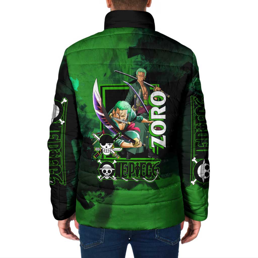 Zoro One Piece Green Theme Padded Jacket with Swordsman Pose and Three Sword Style Design - The Mazicc