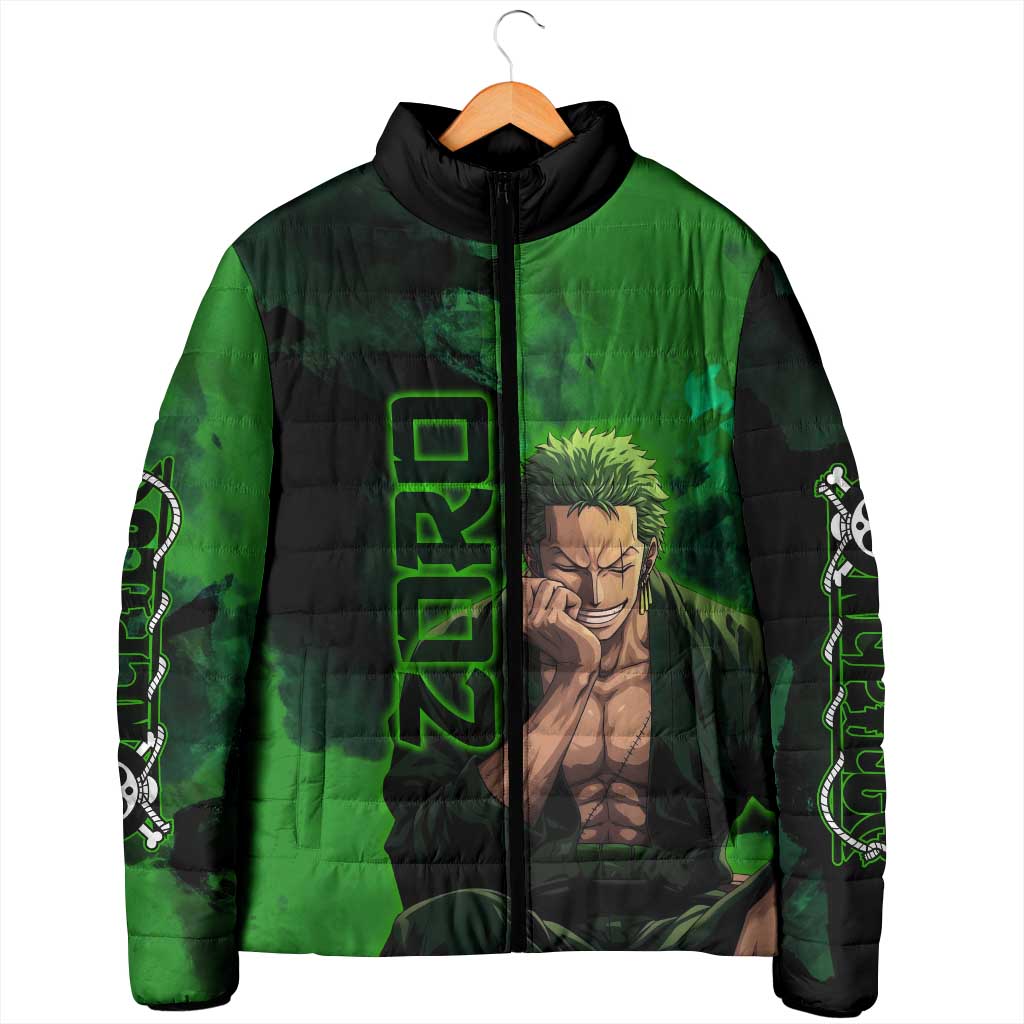 Zoro One Piece Green Theme Padded Jacket with Swordsman Pose and Three Sword Style Design - The Mazicc