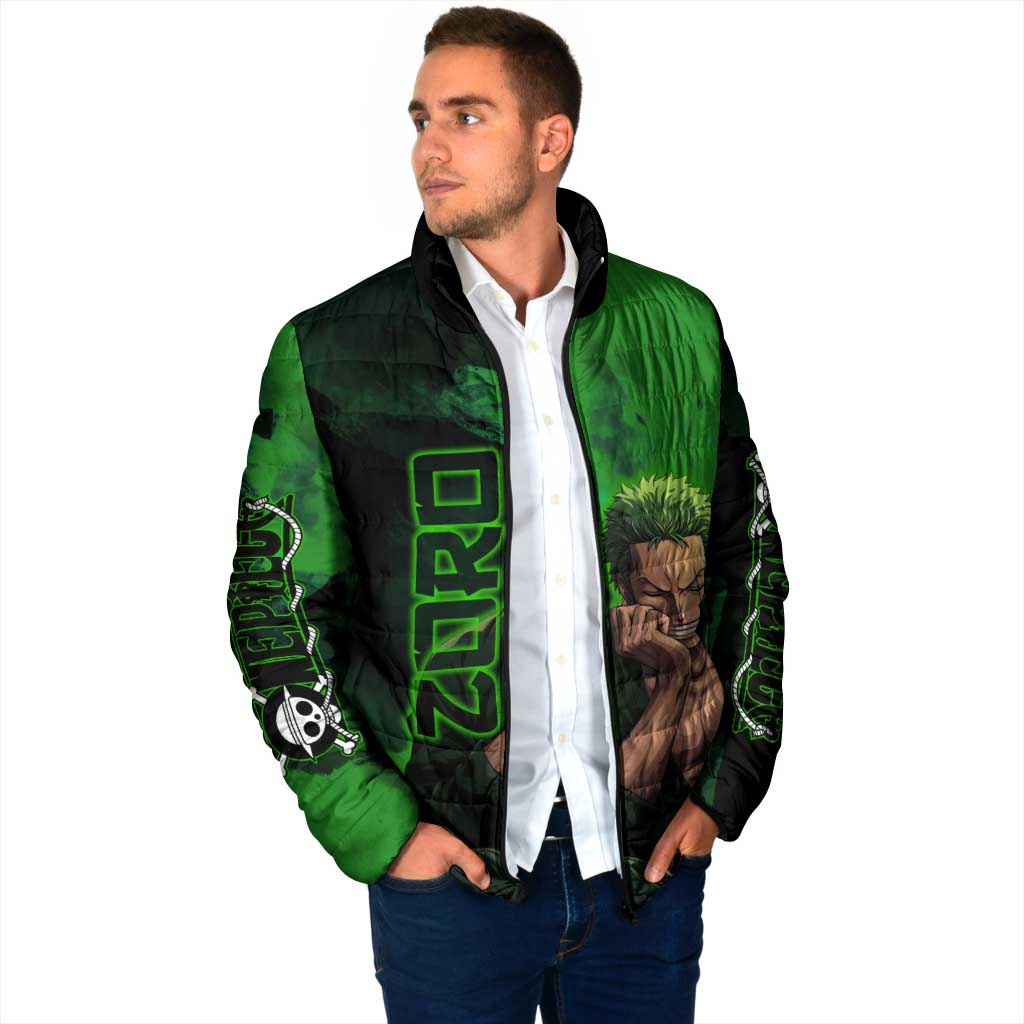 Zoro One Piece Green Theme Padded Jacket with Swordsman Pose and Three Sword Style Design - The Mazicc