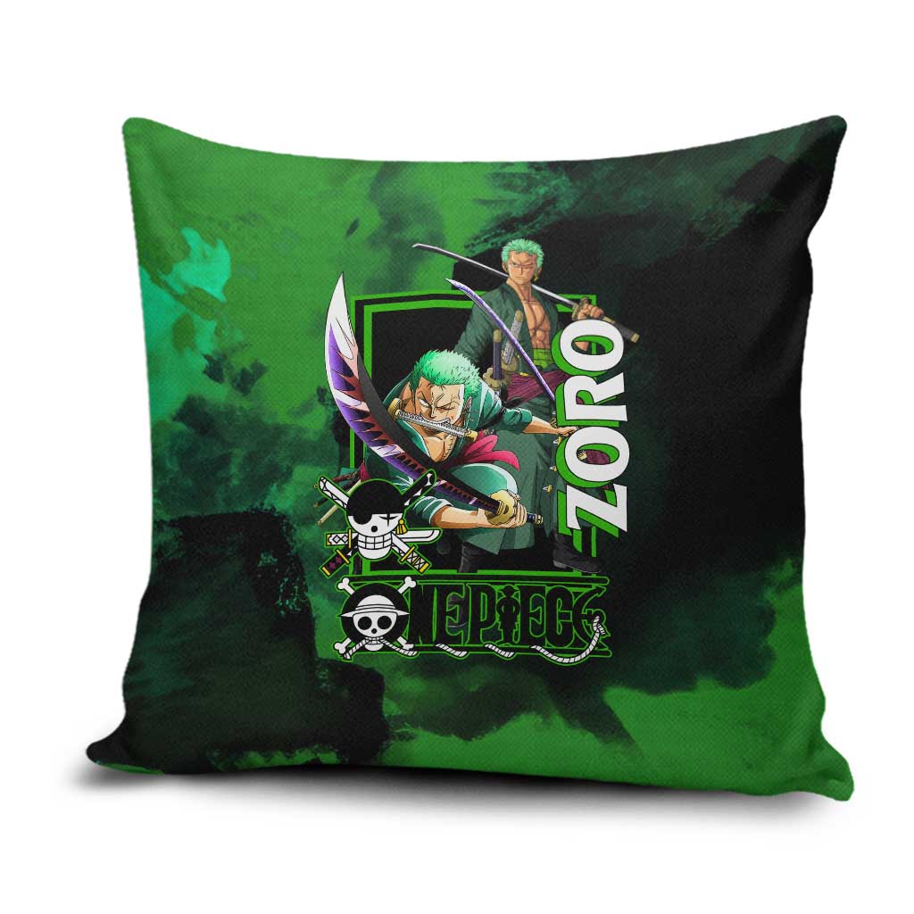 Zoro One Piece Green Theme Pillow Cover with Swordsman Pose and Three Sword Style Design - The Mazicc