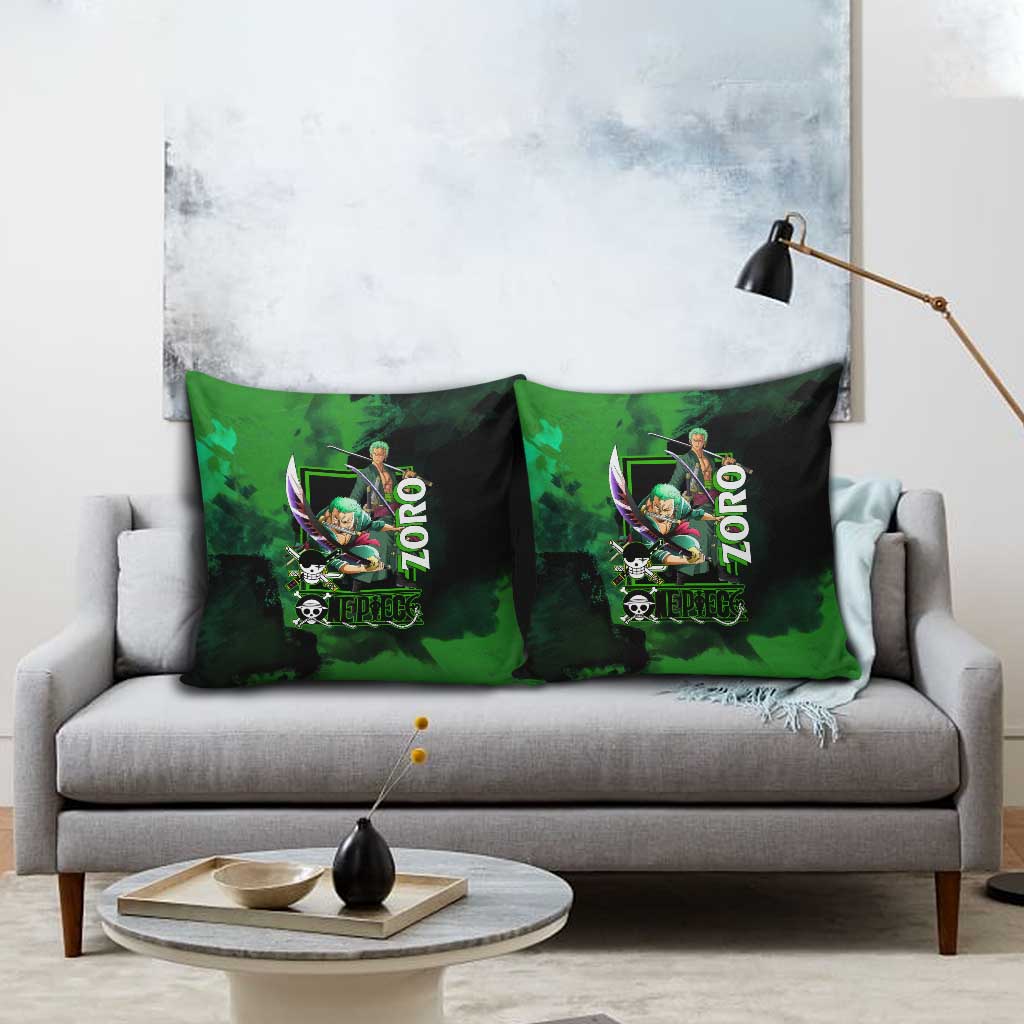 Zoro One Piece Green Theme Pillow Cover with Swordsman Pose and Three Sword Style Design - The Mazicc