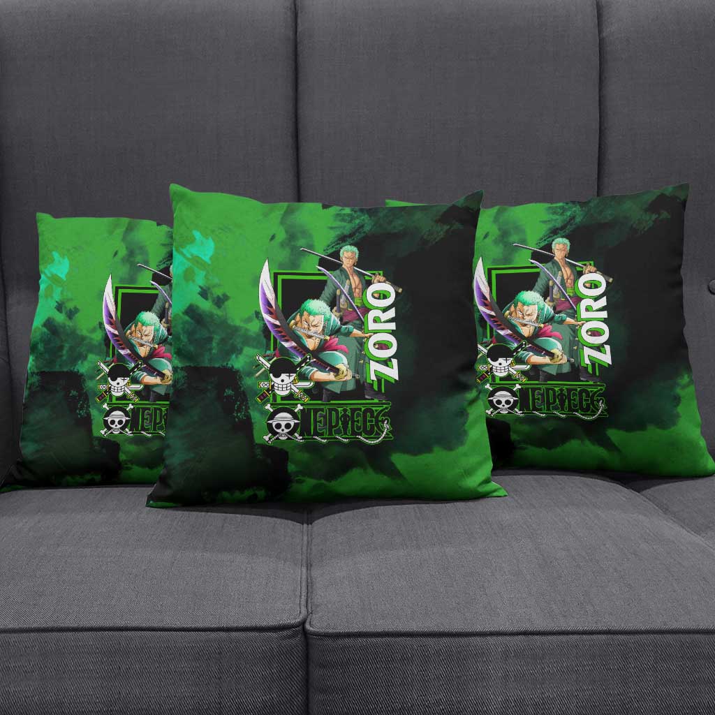 Zoro One Piece Green Theme Pillow Cover with Swordsman Pose and Three Sword Style Design - The Mazicc