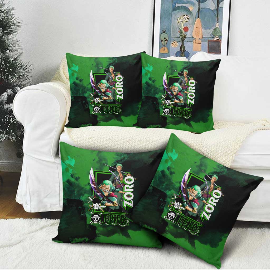Zoro One Piece Green Theme Pillow Cover with Swordsman Pose and Three Sword Style Design - The Mazicc