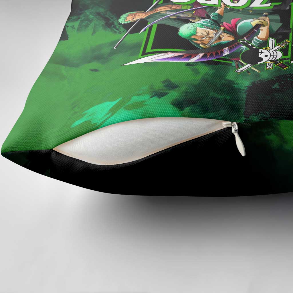Zoro One Piece Green Theme Pillow Cover with Swordsman Pose and Three Sword Style Design - The Mazicc