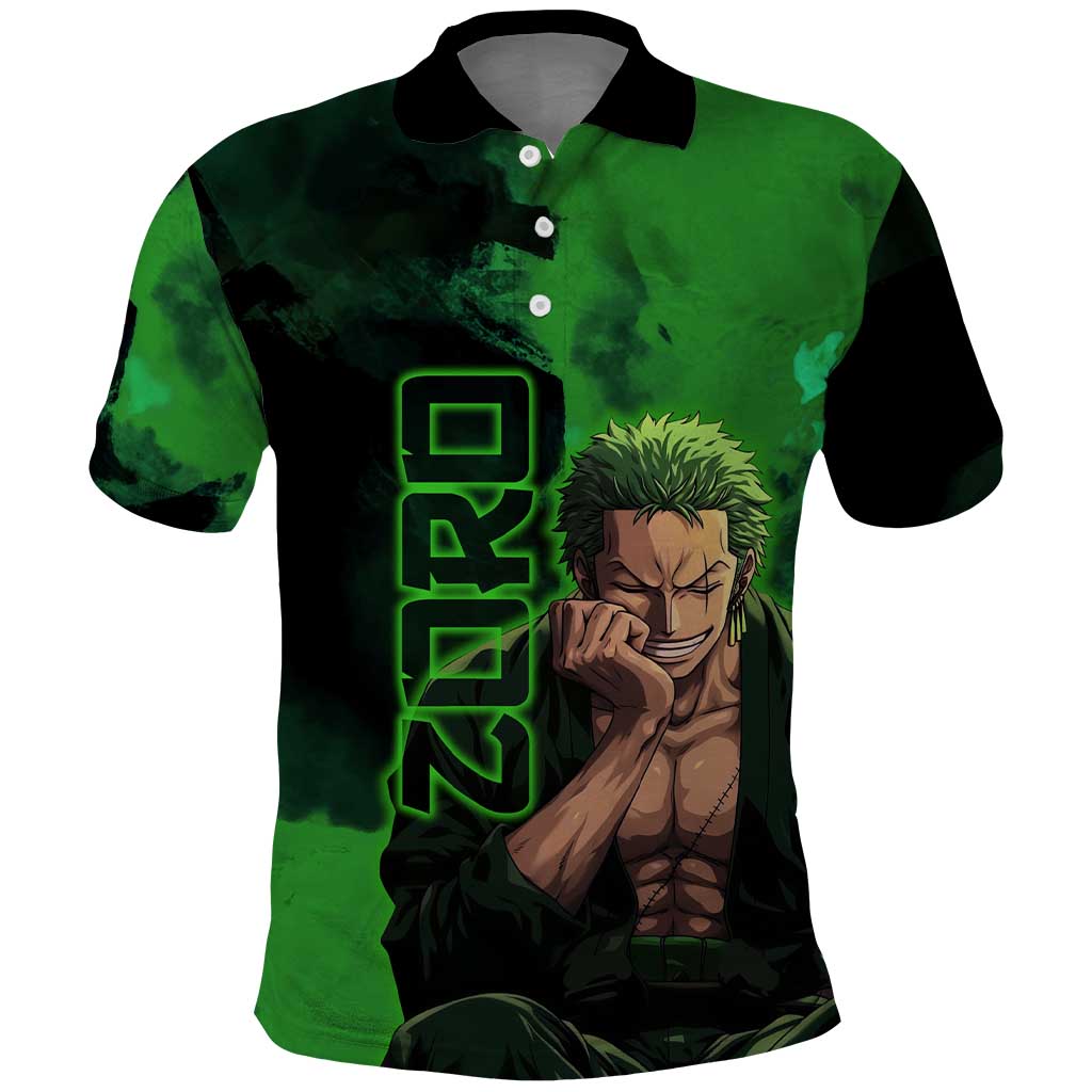 Zoro One Piece Green Theme Polo Shirt with Swordsman Pose and Three Sword Style Design - The Mazicc