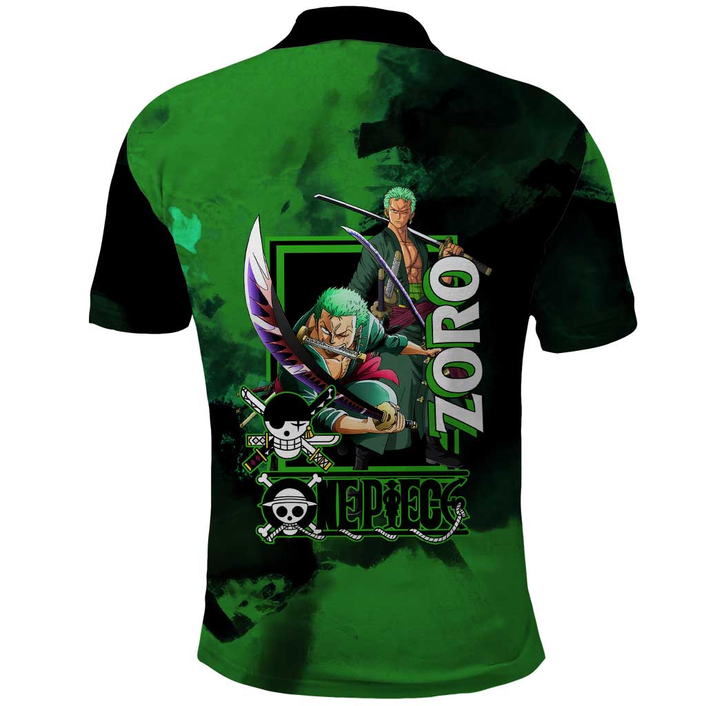Zoro One Piece Green Theme Polo Shirt with Swordsman Pose and Three Sword Style Design - The Mazicc