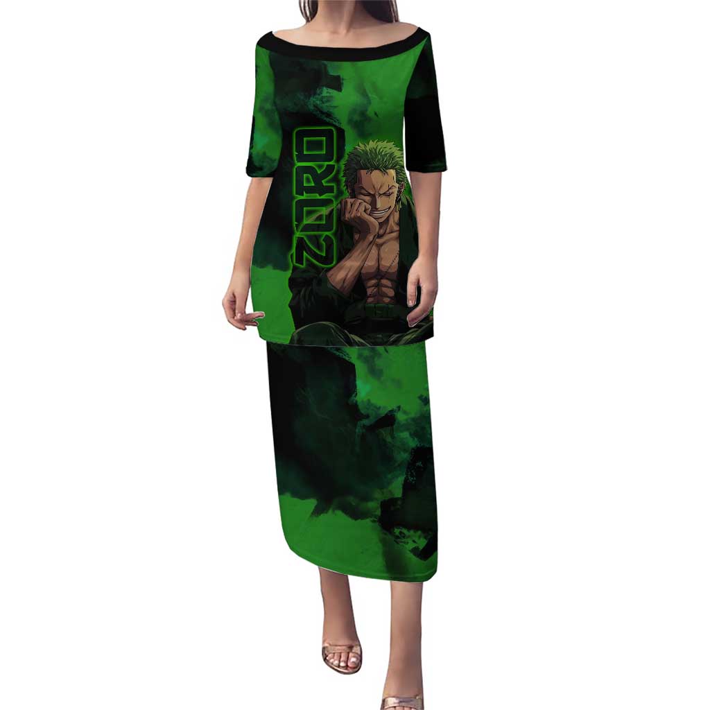 Zoro One Piece Green Theme Puletasi with Swordsman Pose and Three Sword Style Design - The Mazicc