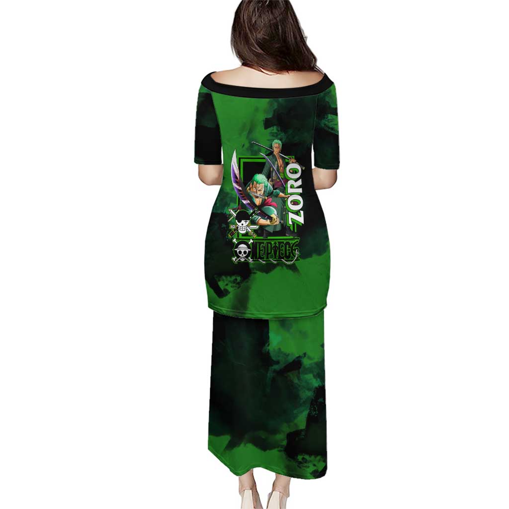 Zoro One Piece Green Theme Puletasi with Swordsman Pose and Three Sword Style Design - The Mazicc