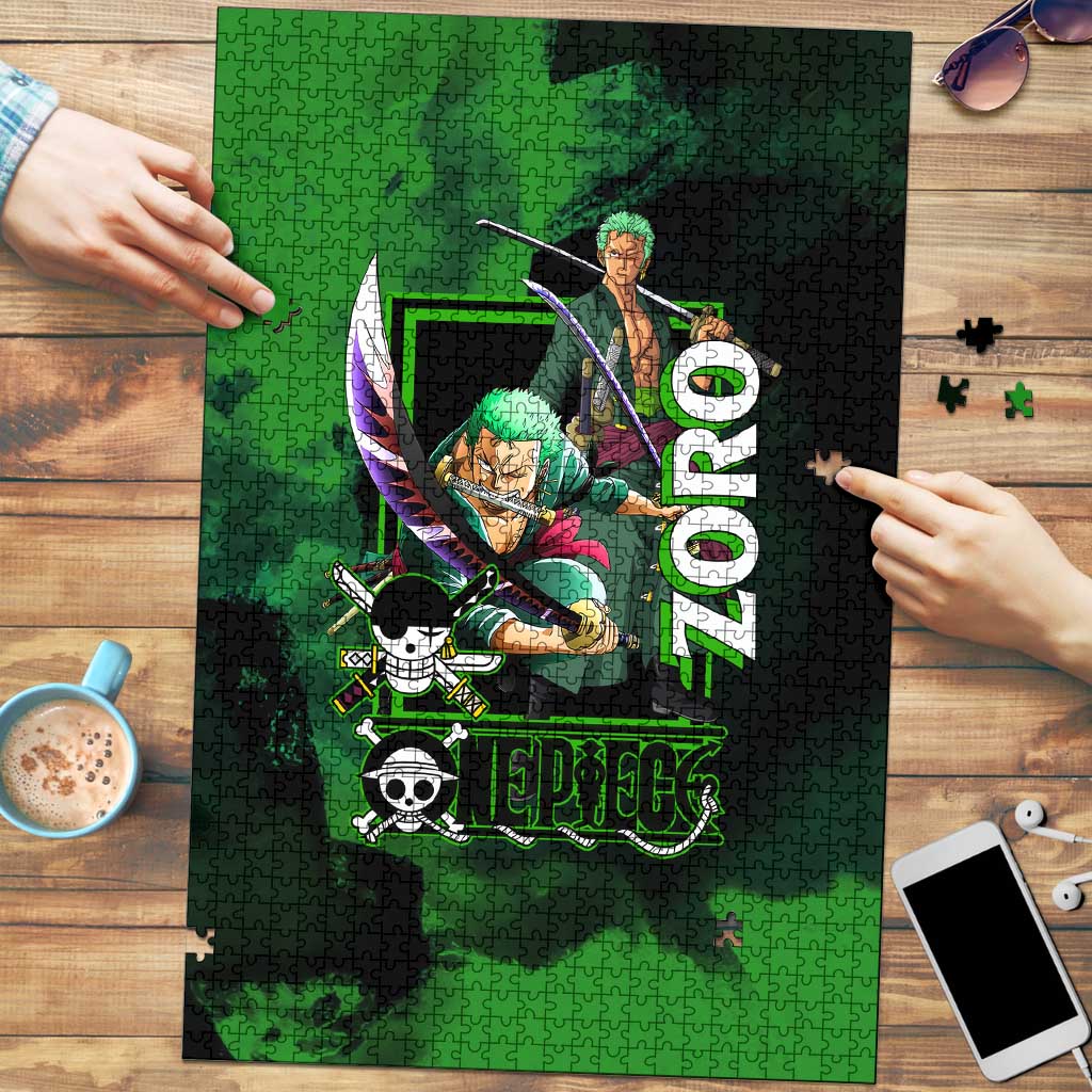 Zoro One Piece Green Theme Puzzle with Swordsman Pose and Three Sword Style Design - The Mazicc