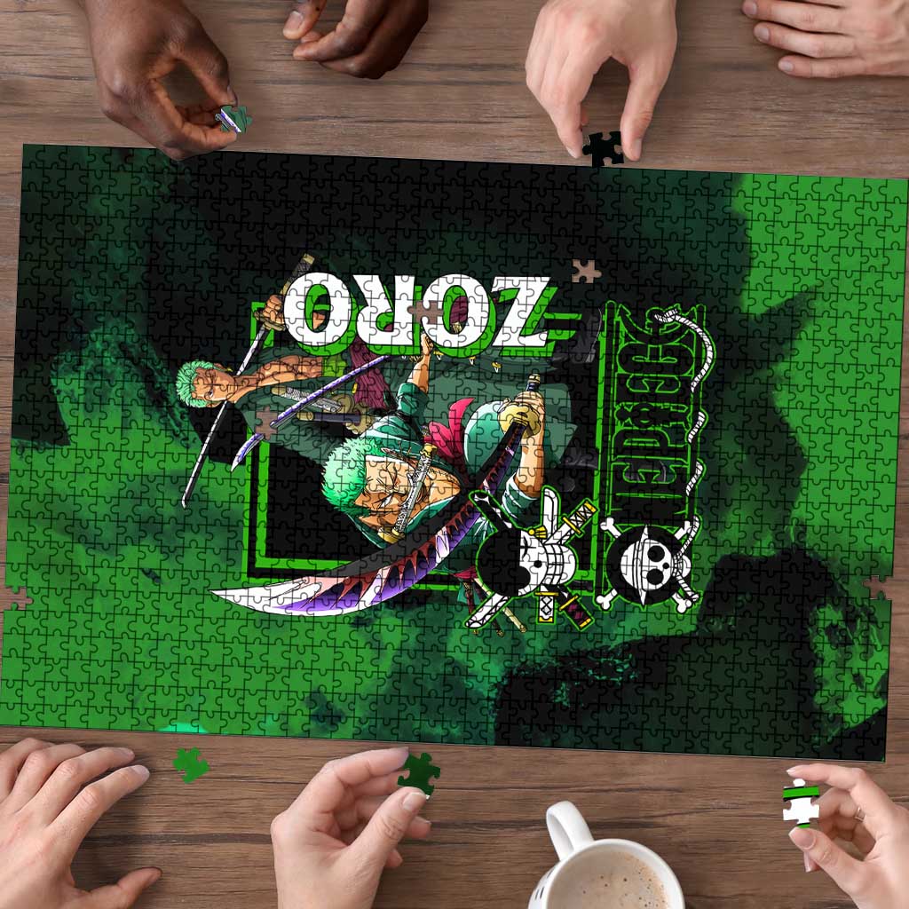 Zoro One Piece Green Theme Puzzle with Swordsman Pose and Three Sword Style Design - The Mazicc
