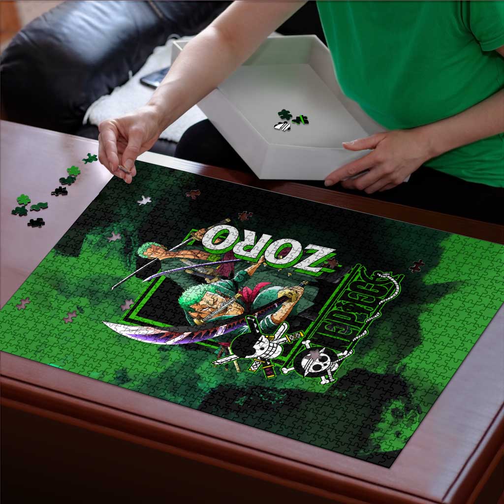 Zoro One Piece Green Theme Puzzle with Swordsman Pose and Three Sword Style Design - The Mazicc