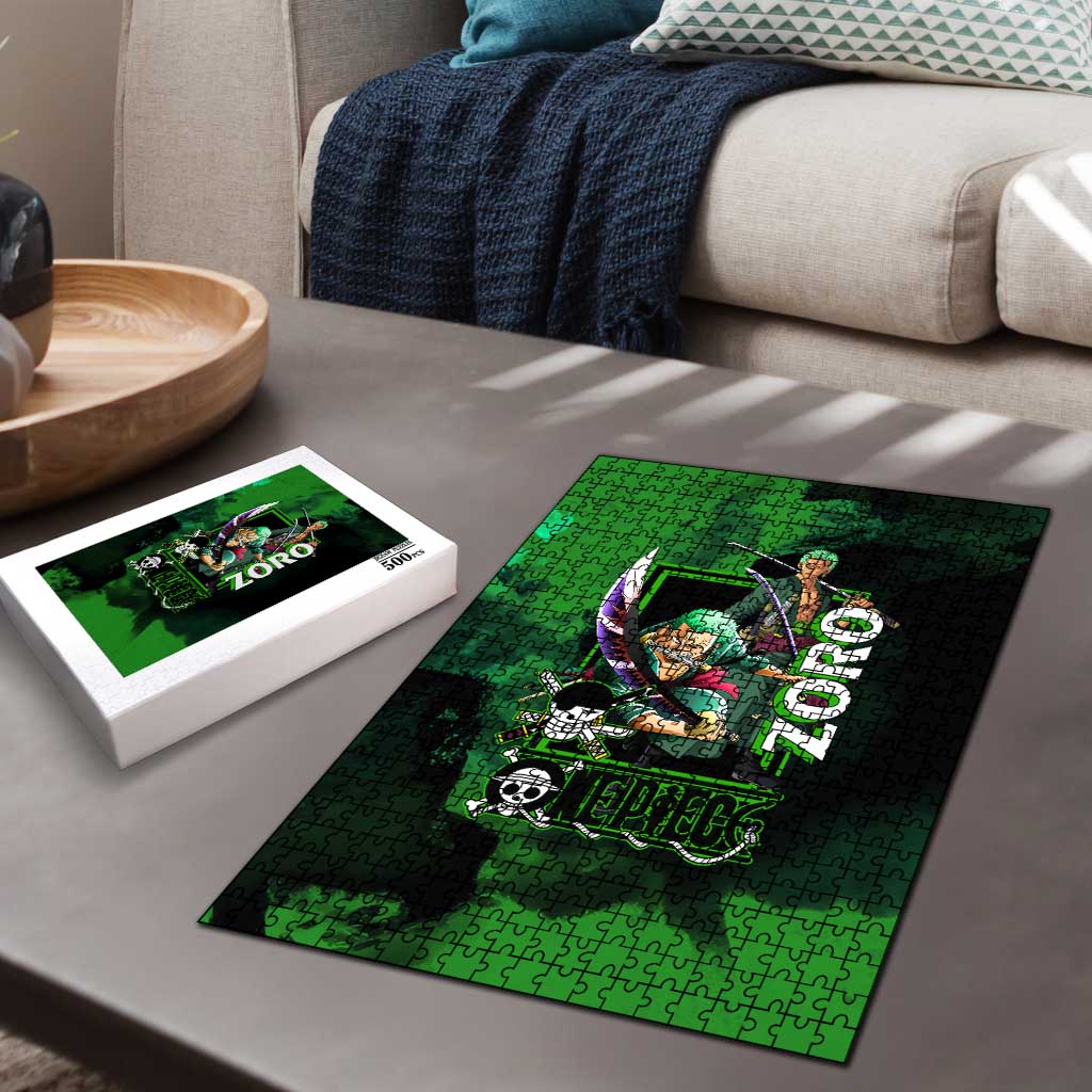 Zoro One Piece Green Theme Puzzle with Swordsman Pose and Three Sword Style Design - The Mazicc