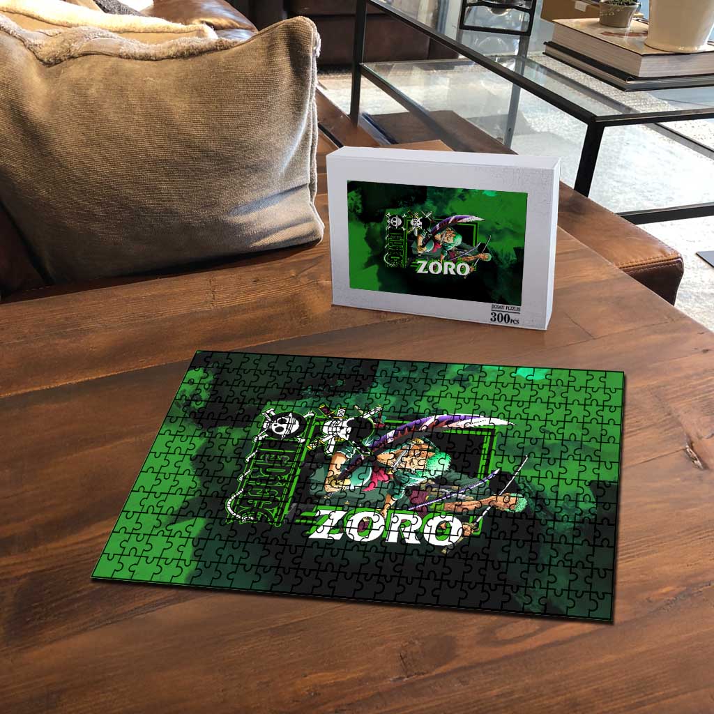 Zoro One Piece Green Theme Puzzle with Swordsman Pose and Three Sword Style Design - The Mazicc