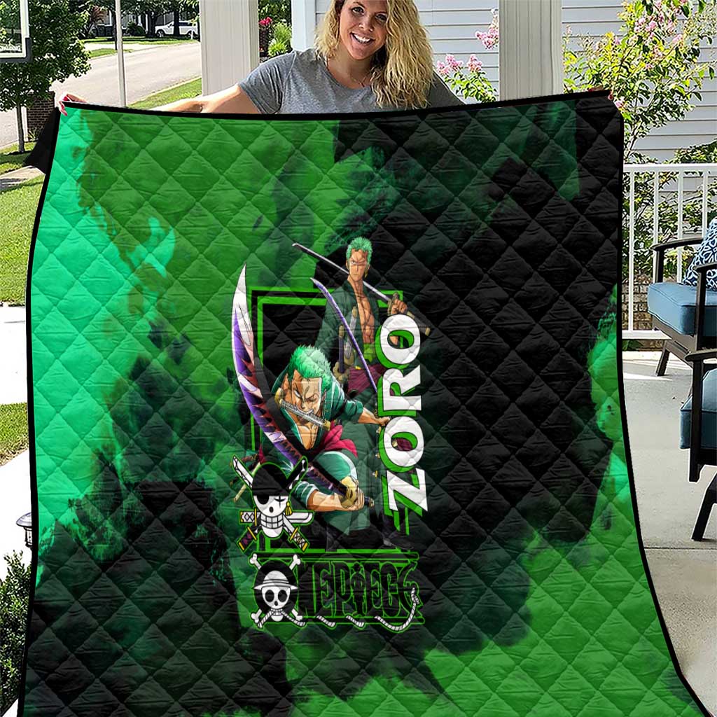 Zoro One Piece Green Theme Quilt with Swordsman Pose and Three Sword Style Design - The Mazicc