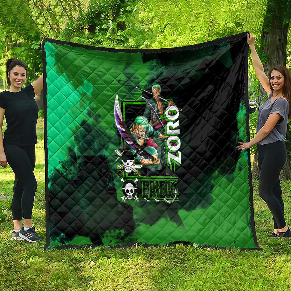 Zoro One Piece Green Theme Quilt with Swordsman Pose and Three Sword Style Design - The Mazicc