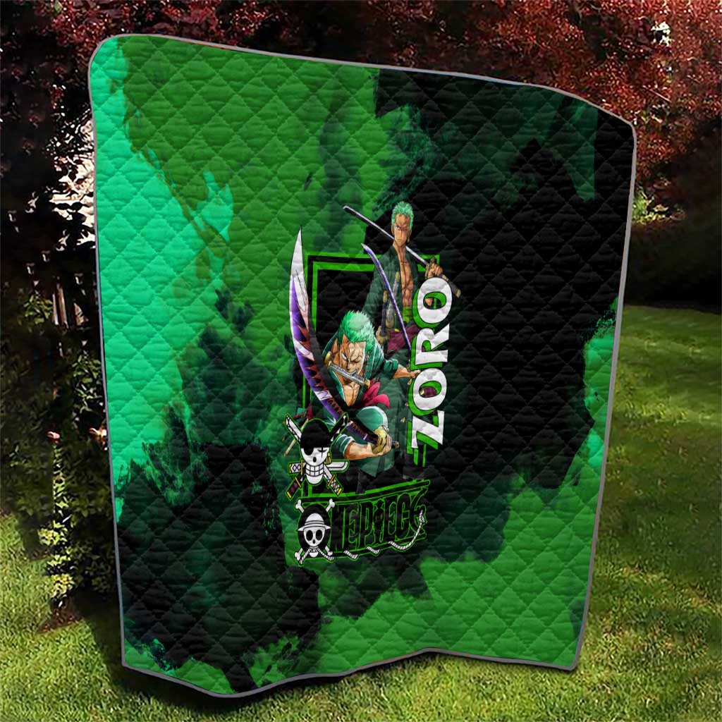 Zoro One Piece Green Theme Quilt with Swordsman Pose and Three Sword Style Design - The Mazicc