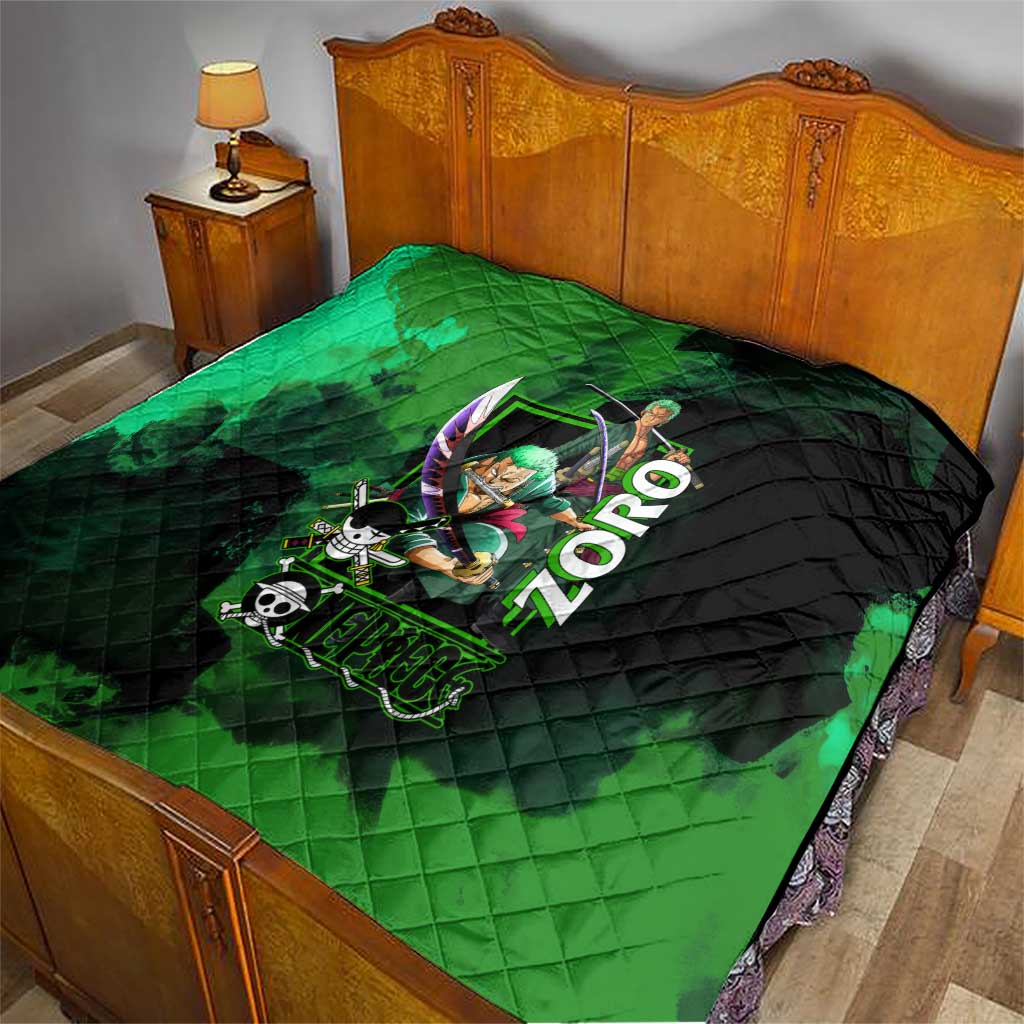 Zoro One Piece Green Theme Quilt with Swordsman Pose and Three Sword Style Design - The Mazicc