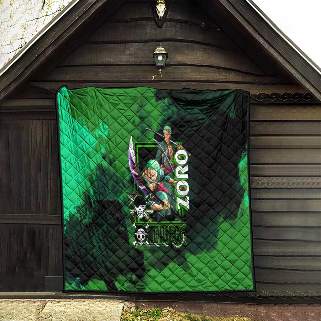 Zoro One Piece Green Theme Quilt with Swordsman Pose and Three Sword Style Design - The Mazicc