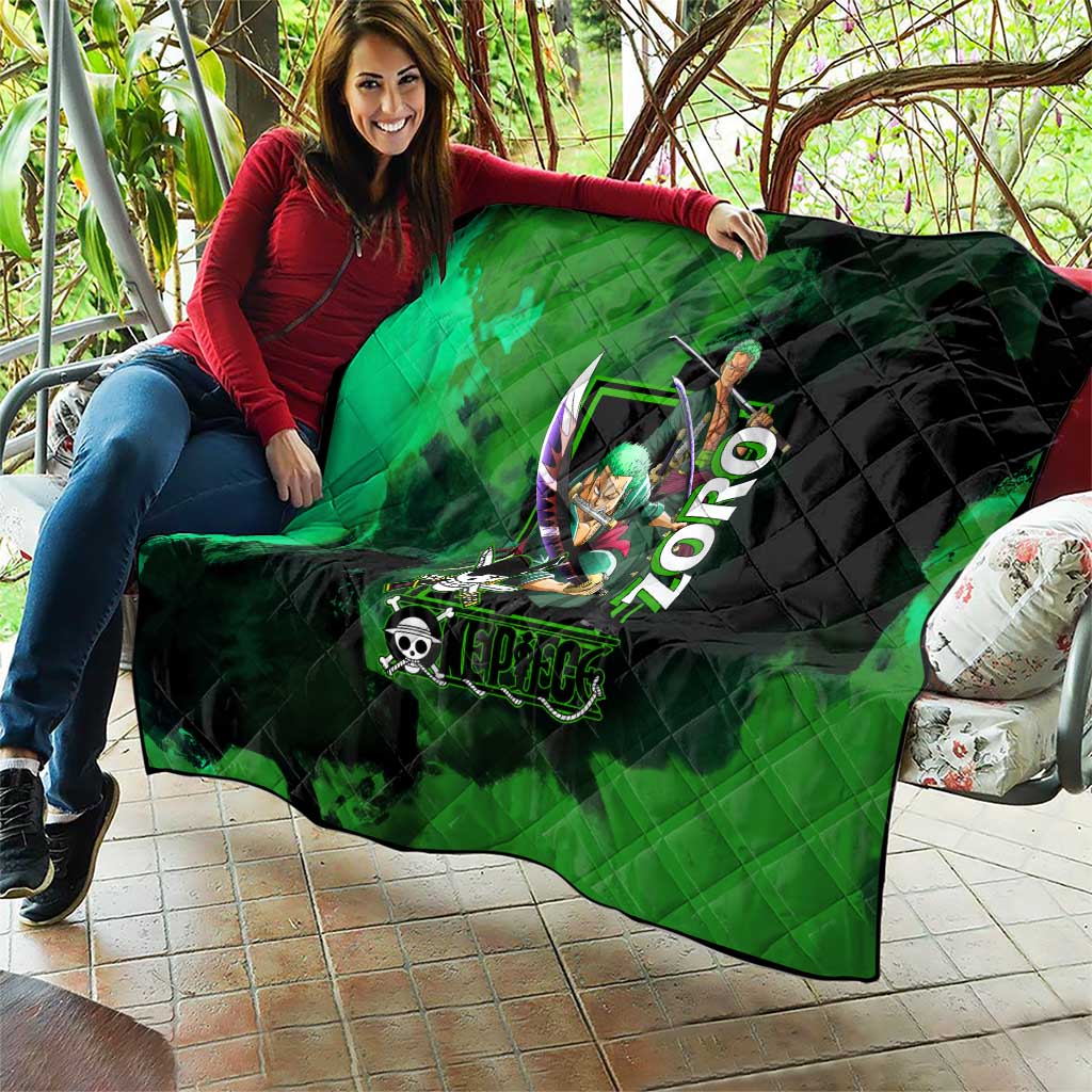 Zoro One Piece Green Theme Quilt with Swordsman Pose and Three Sword Style Design - The Mazicc