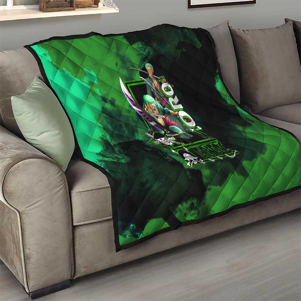 Zoro One Piece Green Theme Quilt with Swordsman Pose and Three Sword Style Design - The Mazicc