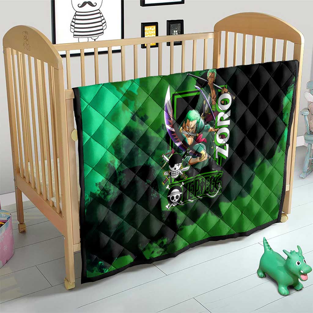 Zoro One Piece Green Theme Quilt with Swordsman Pose and Three Sword Style Design - The Mazicc