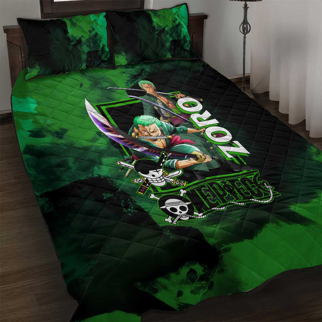 Zoro One Piece Green Theme Quilt Bed Set with Swordsman Pose and Three Sword Style Design - The Mazicc