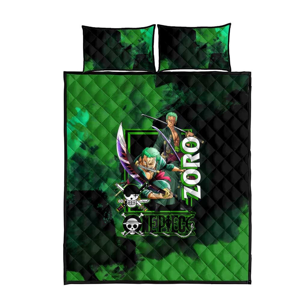 Zoro One Piece Green Theme Quilt Bed Set with Swordsman Pose and Three Sword Style Design - The Mazicc