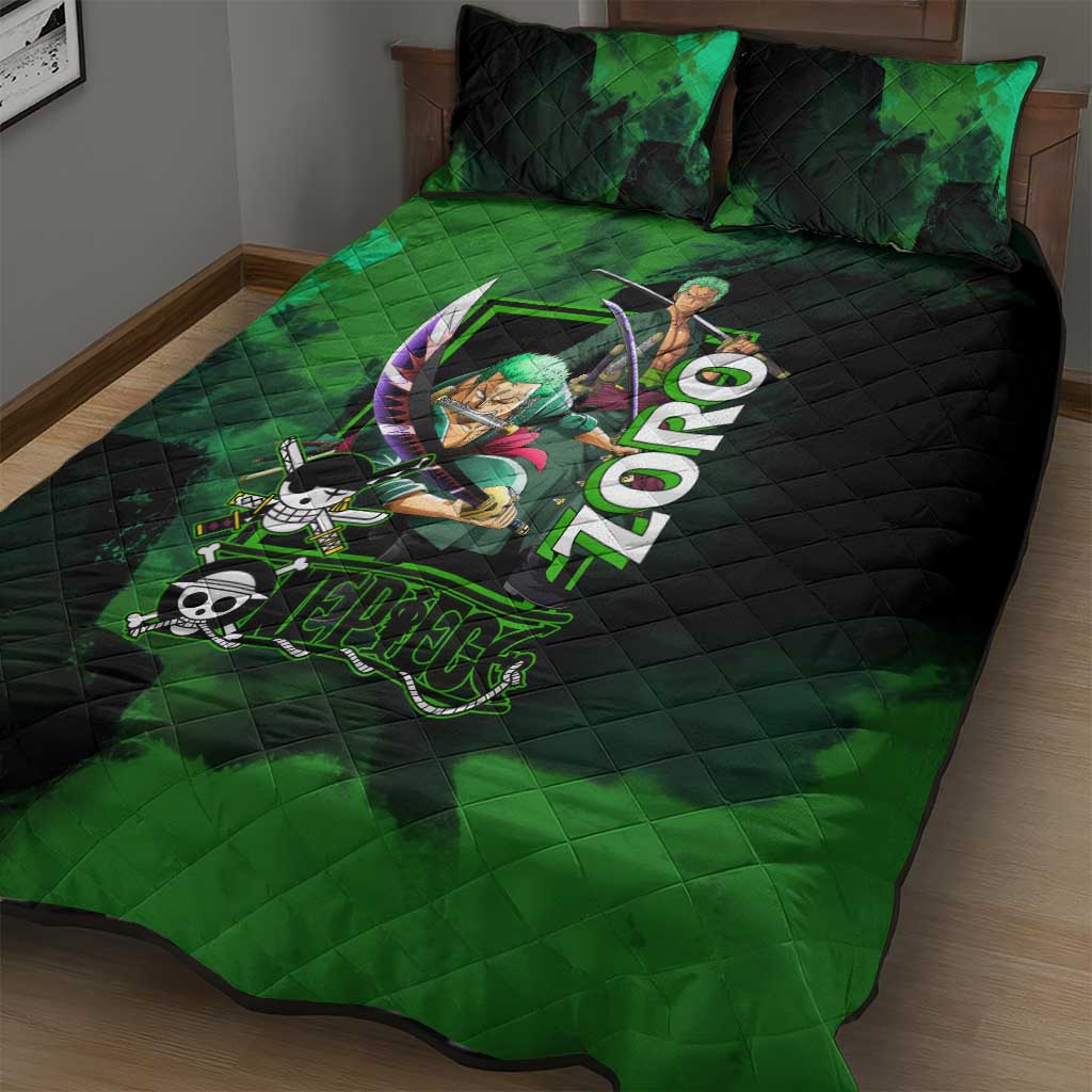 Zoro One Piece Green Theme Quilt Bed Set with Swordsman Pose and Three Sword Style Design - The Mazicc