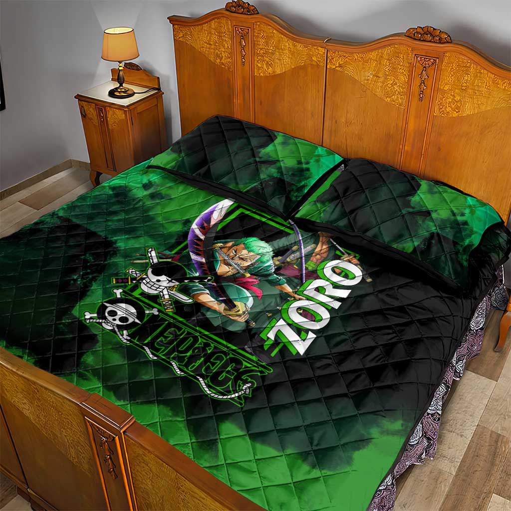 Zoro One Piece Green Theme Quilt Bed Set with Swordsman Pose and Three Sword Style Design - The Mazicc