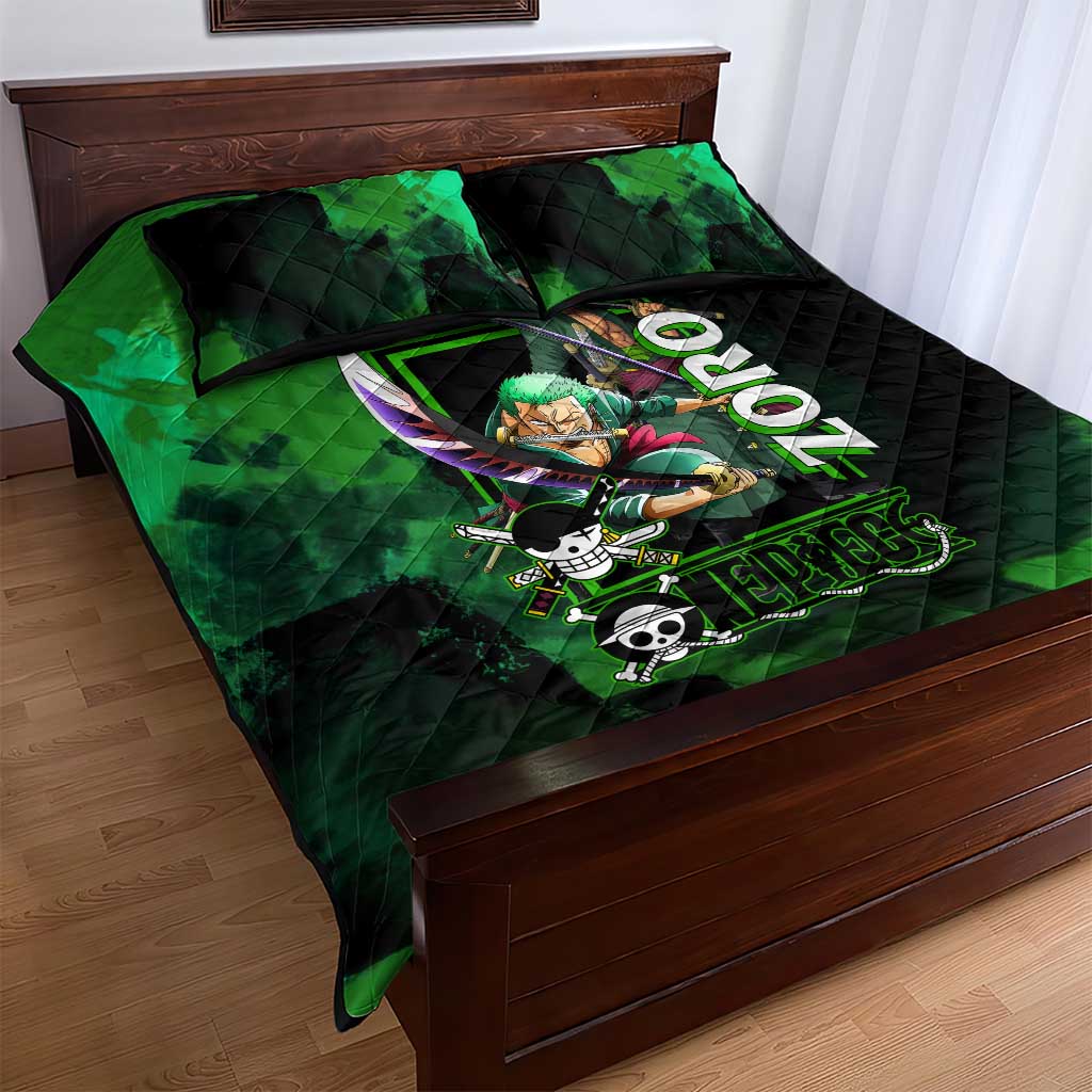 Zoro One Piece Green Theme Quilt Bed Set with Swordsman Pose and Three Sword Style Design - The Mazicc