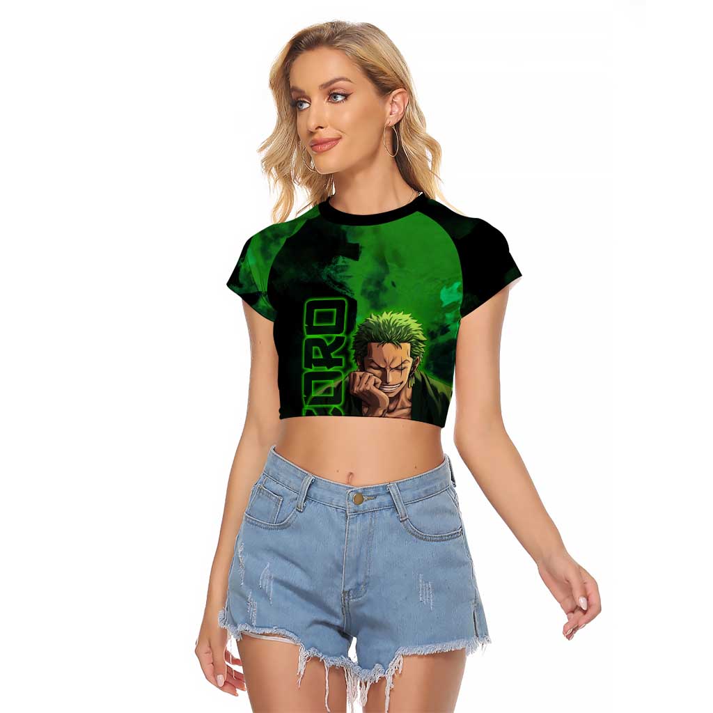 Zoro One Piece Green Theme Raglan Cropped T Shirt with Swordsman Pose and Three Sword Style Design - The Mazicc