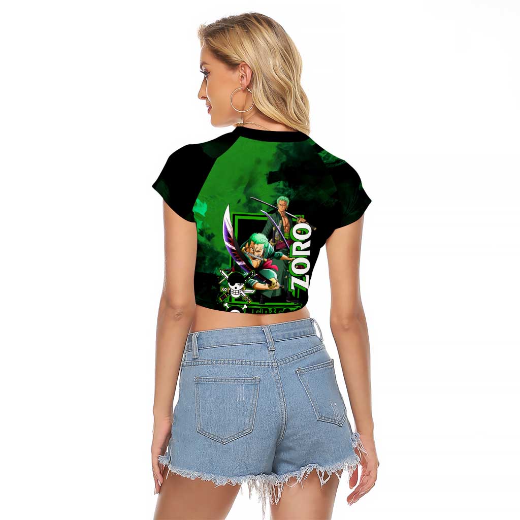 Zoro One Piece Green Theme Raglan Cropped T Shirt with Swordsman Pose and Three Sword Style Design - The Mazicc