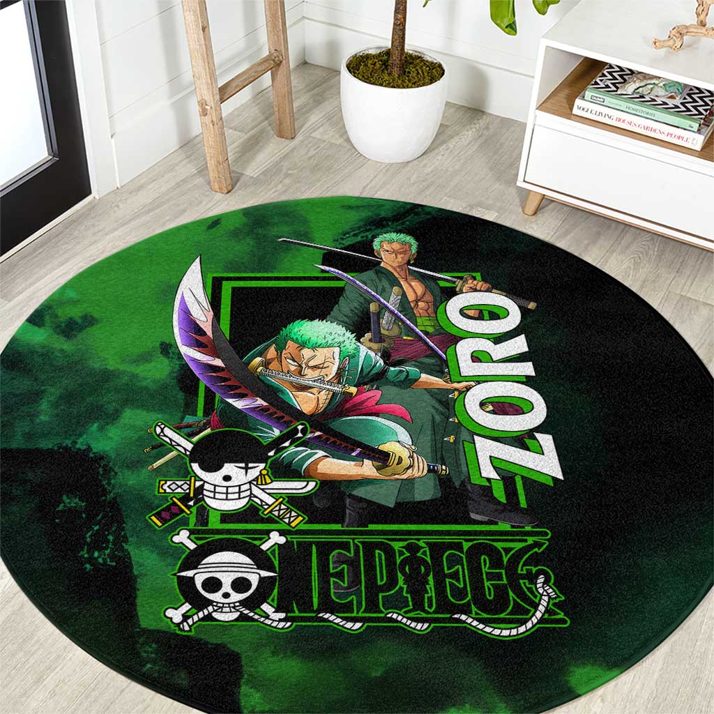Zoro One Piece Green Theme Round Carpet with Swordsman Pose and Three Sword Style Design - The Mazicc