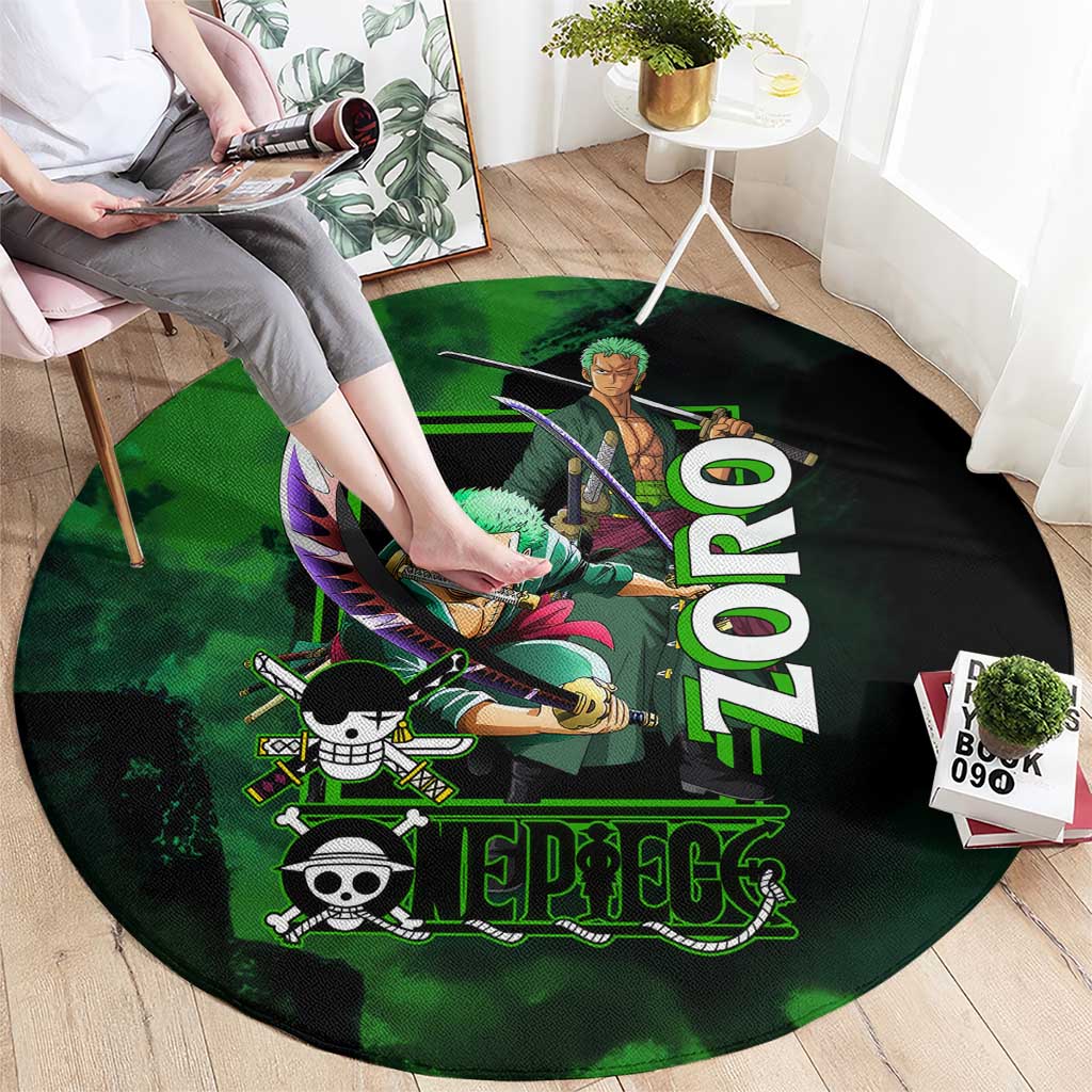 Zoro One Piece Green Theme Round Carpet with Swordsman Pose and Three Sword Style Design - The Mazicc